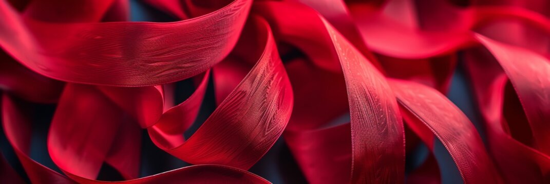 A closeup of red ribbon with intricate curves and folds, set against a dark background, creating an abstract composition that suggests depth and movement. The focus is on the texture and tone 3:1