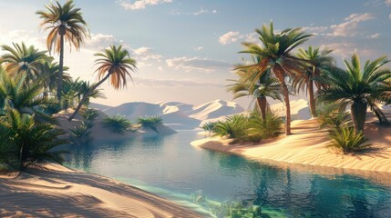 Obraz premium Remote desert oasis with palm trees, sand dunes, and a tranquil pool of water
