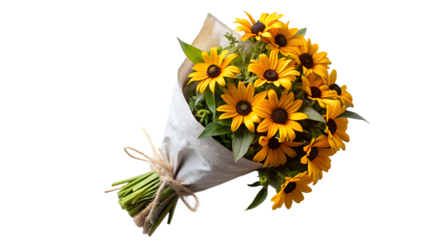 a bouquet of black eyed susan flowers with dark brown centers, likely sunflowers or a similar variety
