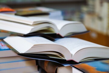 open book on the table. stack of books. back to school