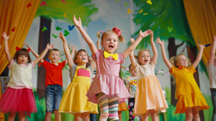 A delighted group of children performing on stage with vibrant costumes, hands raised in excitement amidst a whimsical backdrop of trees and butterflies.