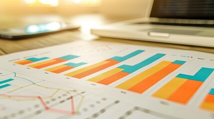 Sales report with climbing bar graph, indicating revenue growth