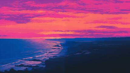 Fototapeta premium Sunset shore background wallpaper, California vacation vibe, romantic landscape, with stunning color gamma 