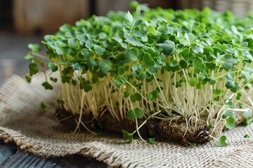Close-up of broccoli microgreens growing on a linen mat. 