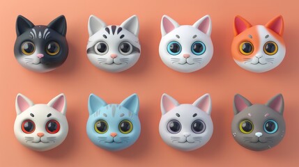Collection of super cute cartoon cat heads including various designs. with banner Fun design, bright colors