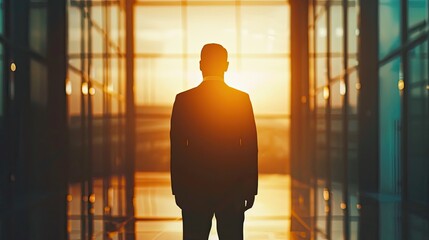 Fototapeta premium Silhouette of a businessman with his back turned, facing a bright future