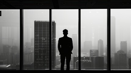 Silhouette of a businessman with his back turned, framed by large office windows