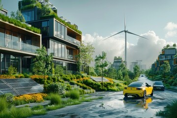 Obraz premium A futuristic city with tall buildings and windmills