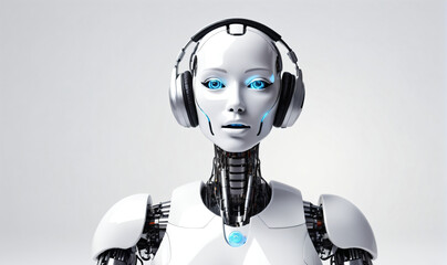 AI robotic vocalist. Concept of AI generated song or music. Оn a light background, copy space