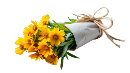 a bouquet of coreopsis flowers with a central disc and radiating petals. The flowers are wrapped in white paper and tied with a natural twine bow