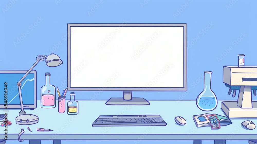 Poster simple blank template for animated background with outline of computer, book and test tube on one si