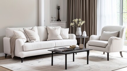 Stylish living room interior with white sofa, armchair and small coffee table