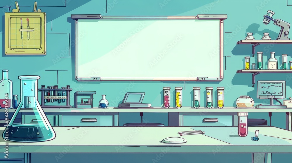 Poster simple blank template for animated background with outline of computer, book and test tube on one si