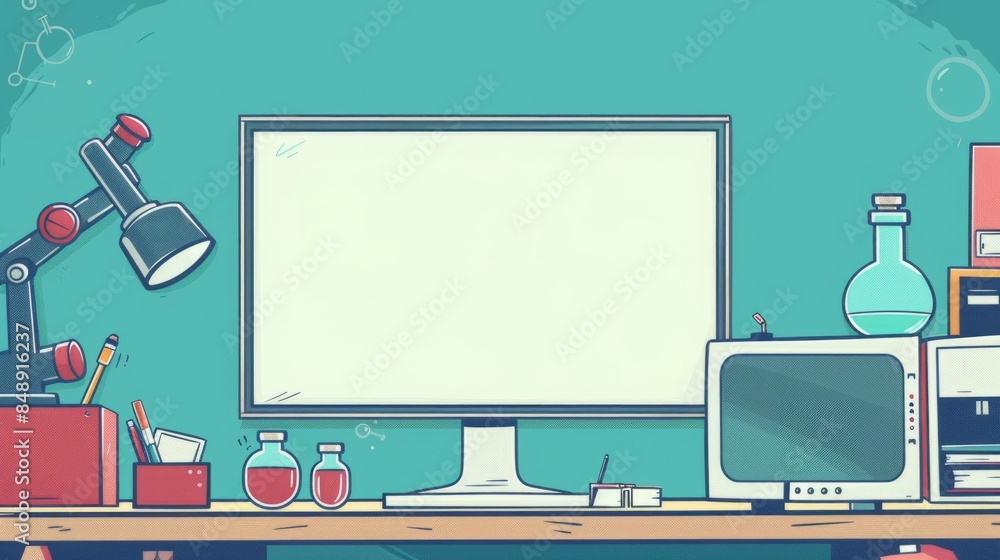 Poster simple blank template for animated background with outline of computer, book and test tube on one si