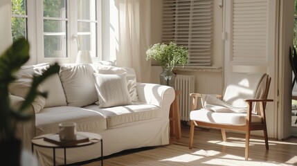 Fototapeta premium Stylish living room interior with white sofa, armchair and small coffee table