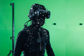 Naklejka premium In front of a green screen, a virtual reality character wears a black full body suit with strategically placed dots and a futuristic mask. The studio lighting enhances the characte