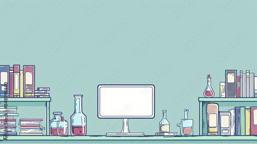 Poster simple blank template for animated background with outline of computer, book and test tube on one si