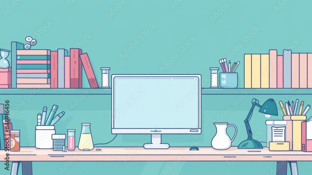 Poster simple blank template for animated background with outline of computer, book and test tube on one si