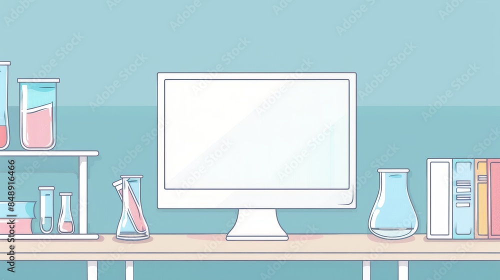 Poster simple blank template for animated background with outline of computer, book and test tube on one si