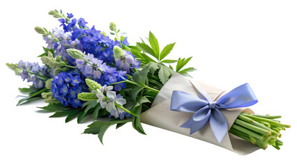 a fresh bouquet of delphinium flowers wrapped in beige paper and tied with a light blue ribbon