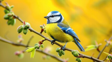 Fototapeta premium Blue tit perched on a green twig during the spring season