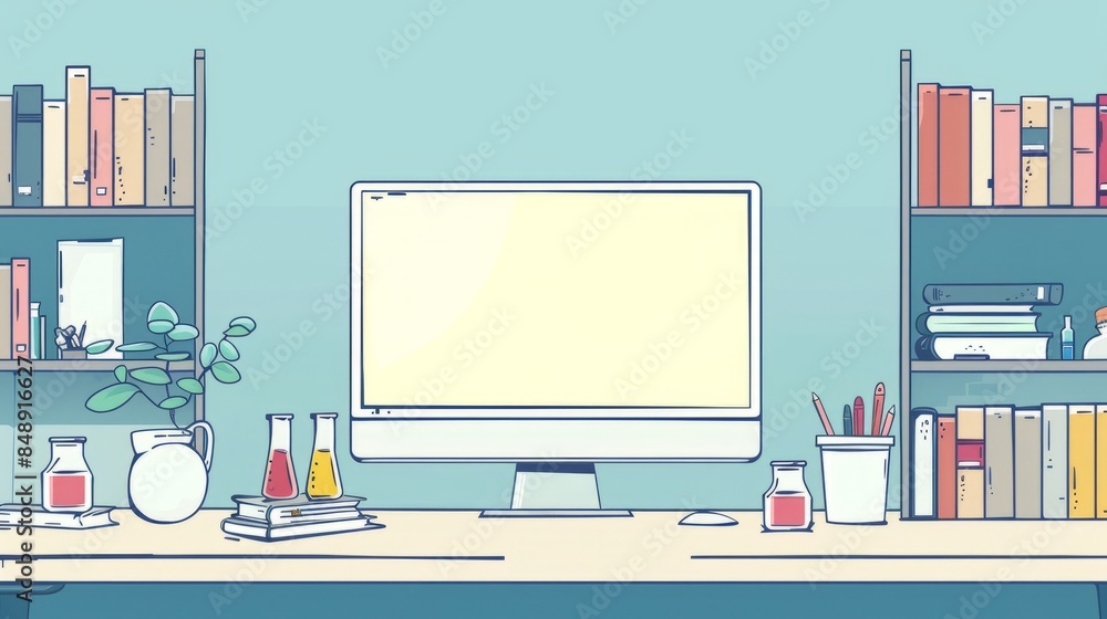 Poster simple blank template for animated background with outline of computer, book and test tube on one si