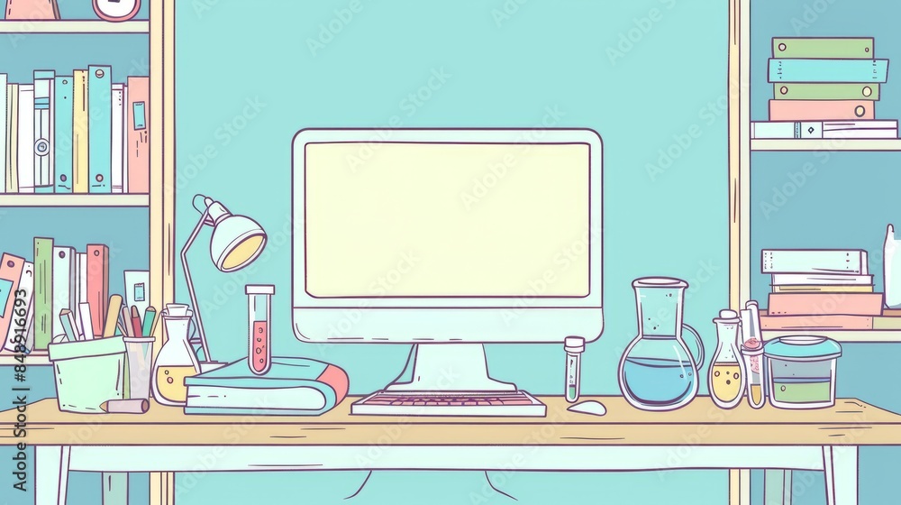 Poster simple blank template for animated background with outline of computer, book and test tube on one si