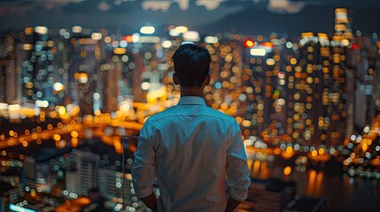 Obraz premium Young professional standing with his back to the camera, looking at a night-lit city