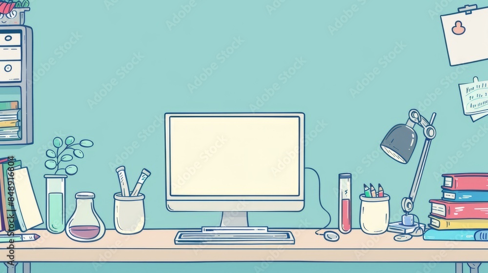 Poster simple blank template for animated background with outline of computer, book and test tube on one si