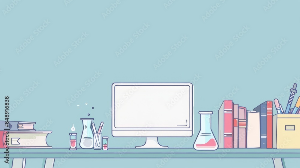Poster simple blank template for animated background with outline of computer, book and test tube on one si