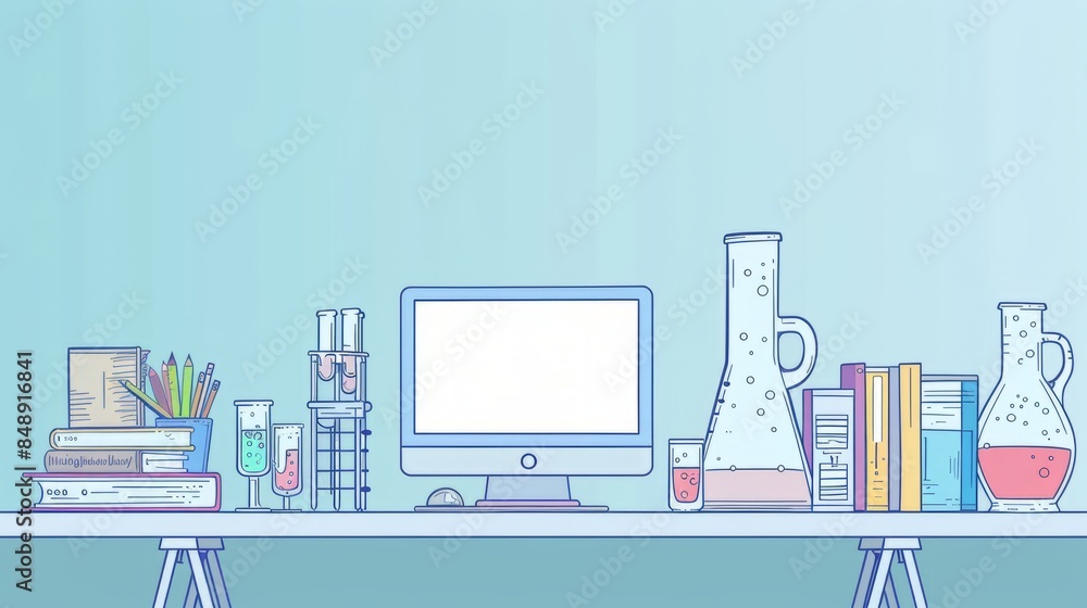 Poster simple blank template for animated background with outline of computer, book and test tube on one si