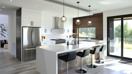 A wide angle view of contemporary modern kitchen idea design