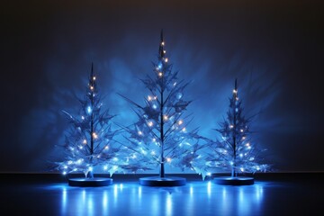 Christmas tree with shining light with particles falling snowflakes and stars 3d rendering blue background