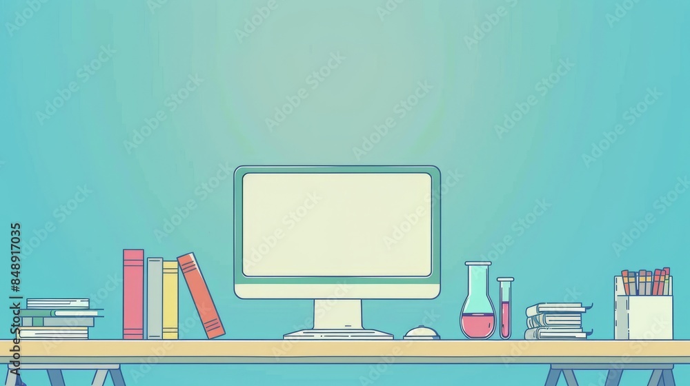 Poster simple blank template for animated background with outline of computer, book and test tube on one si