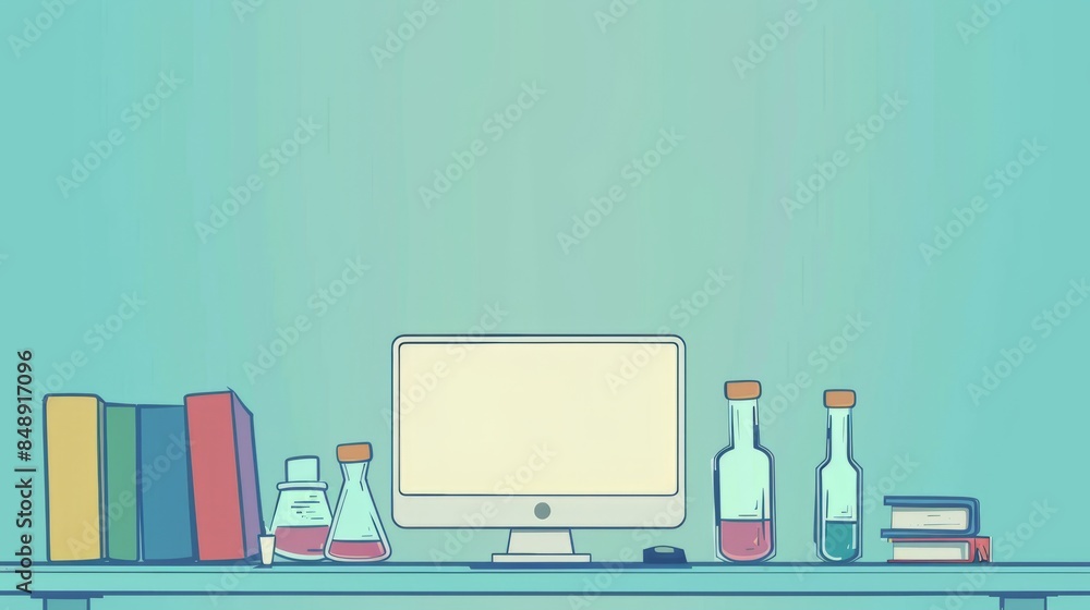 Poster simple blank template for animated background with outline of computer, book and test tube on one si