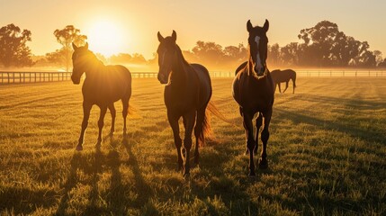 Thoroughbred horses walking in a grass field at sunrise