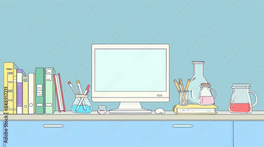 Poster simple blank template for animated background with outline of computer, book and test tube on one si