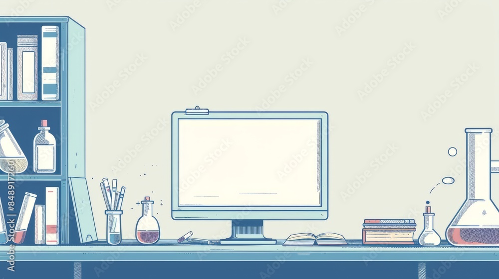 Fototapete Simple blank template for animated background with outline of computer, book and test tube on one side. with copy space for text
