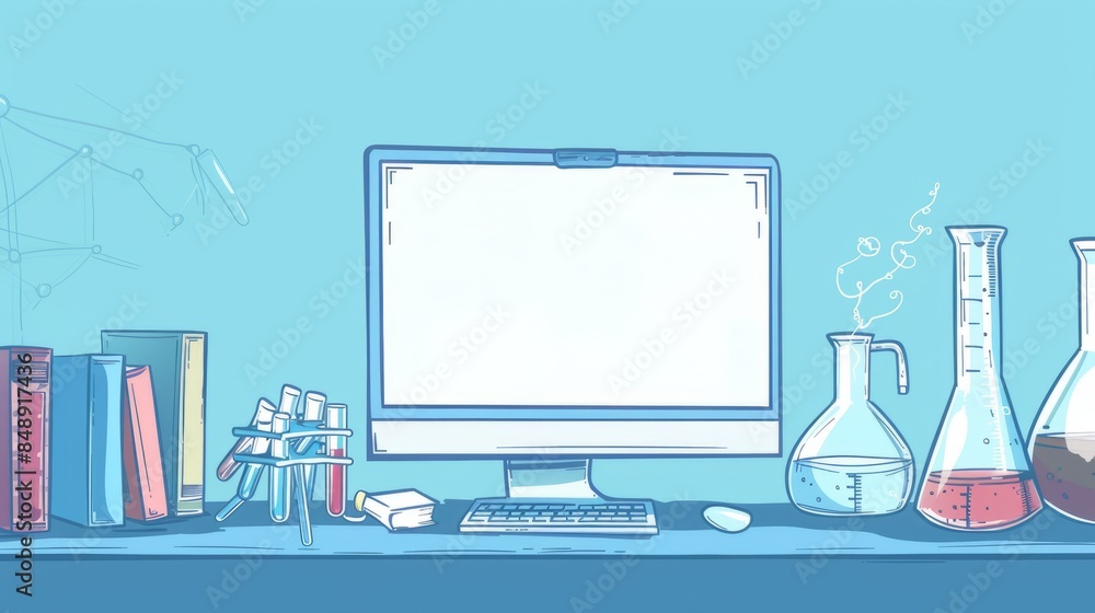 Poster simple blank template for animated background with outline of computer, book and test tube on one si