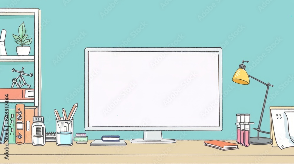 Poster simple blank template for animated background with outline of computer, book and test tube on one si