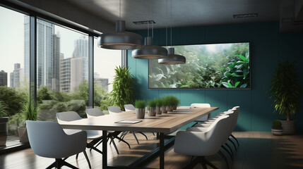 Fototapeta premium Conference room with a blank TV screen: monitor mock-up for presentations or ads. Modern office with an empty LCD screen. Free copy space, perfect template. 3D rendering.
