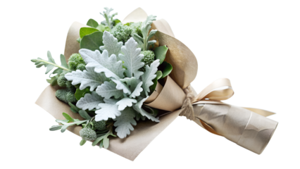 a bouquet of dusty miller wrapped in brown kraft paper and tied with a golden ribbon