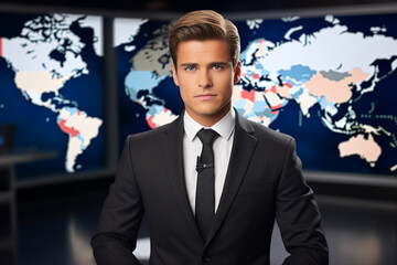 Professional reporter journalist in front of camera making breaking news reportage Generative AI picture