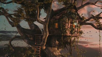 Obraz premium Wooden treehouse built into a giant tree on a floating island, vines trailing down, close-up shot, twilight ambiance. 