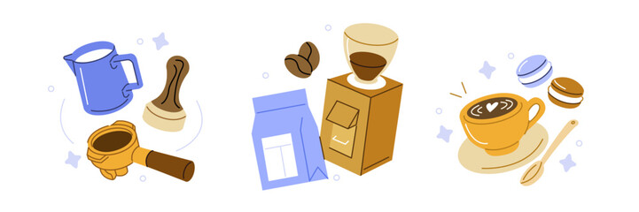 Coffee brewing equipment set. Collections of coffee grinder, portafilter, milk pitcher, tamper and other barista supplies for espresso making. Hand drawn doodle. Vector illustration.