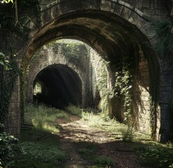 Obraz premium Old abandoned railway tunnel with overgrown vegetation and ivy growing on the stone walls, there is an open area at one end of the passage where sunlight shines through creating long shadows