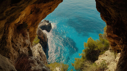 A beautiful blue ocean with a rocky cliff in the background