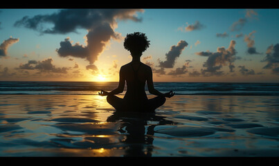 Fototapeta premium Silhouette of a woman meditating on the beach at sunset, with golden hour light. 