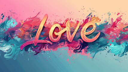 Fashionable bright horizontal banner with the inscription love. Generated by artificial intelligence