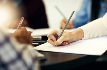 Writing, notebook and hands of person in study group for university education, scholarship course...